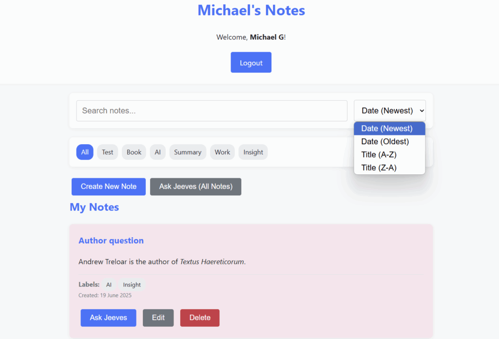 Michael Gorey personal notes web app
